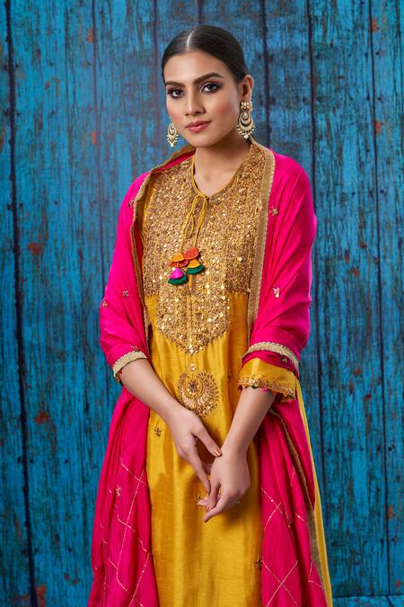 Shop_Label Niti Bothra_Yellow Silk Marodi, Tikki, Zardozi Round Kurta And Palazzo Set _Online_at_Aza_Fashions