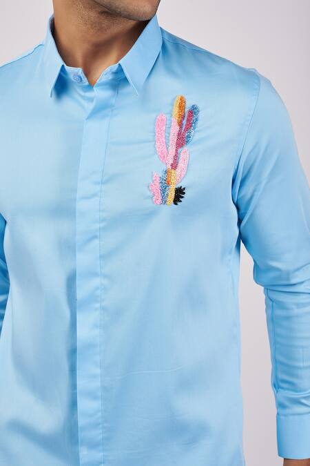 Sanjana Reddy Designs_Blue Cotton Embroidery Cactus Shirt _Online_at_Aza_Fashions