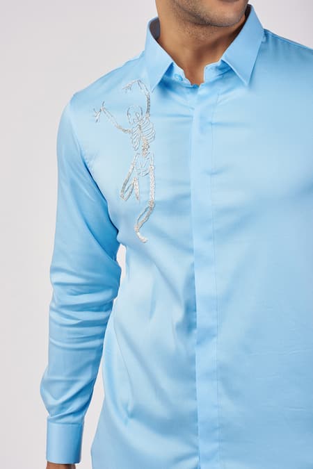 Sanjana Reddy Designs_Blue Cotton Embroidery Skeleton Shirt _Online_at_Aza_Fashions