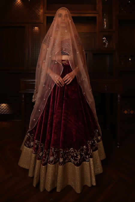 Amrin Khan Maroon Net, Velvet Cutdana, Pearl, Zardozi Leaf Embroidered Bridal Lehenga Set 
