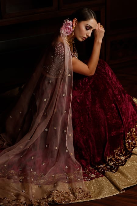 Shop_Amrin Khan_Maroon Net, Velvet Cutdana, Pearl, Zardozi Leaf Embroidered Bridal Lehenga Set _Online_at_Aza_Fashions