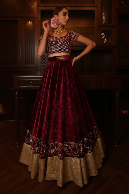 Buy_Amrin Khan_Maroon Net, Velvet Cutdana, Pearl, Zardozi Leaf Embroidered Bridal Lehenga Set _Online_at_Aza_Fashions