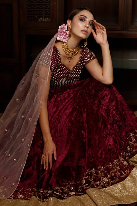 Buy_Amrin Khan_Maroon Net, Velvet Cutdana, Pearl, Zardozi Leaf Embroidered Bridal Lehenga Set 