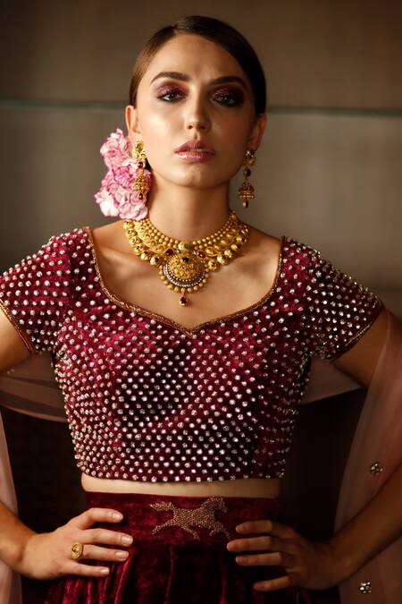 Shop_Amrin Khan_Maroon Net, Velvet Cutdana, Pearl, Zardozi Leaf Embroidered Bridal Lehenga Set 