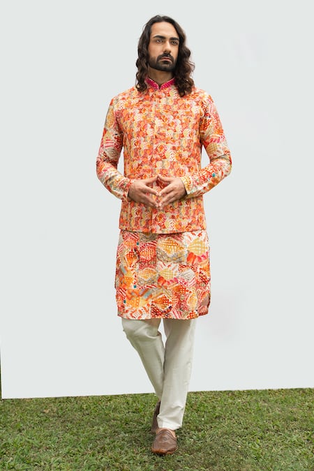 KAKA CALCUTTA Diamond Print Bundi Kurta Set 