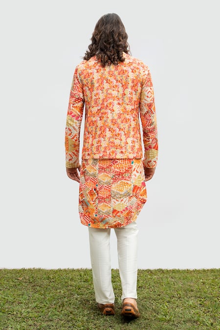 Shop Kaka Calcutta Red Bamboo, Cotton, Silk Mirrors, Diamonds Print Bundi Kurta Set at Aza Fashions Shop_Kaka Calcutta_Red Bamboo, Cotton, Silk Mirrors, Diamonds Print Bundi Kurta Set _at_Aza_Fashions