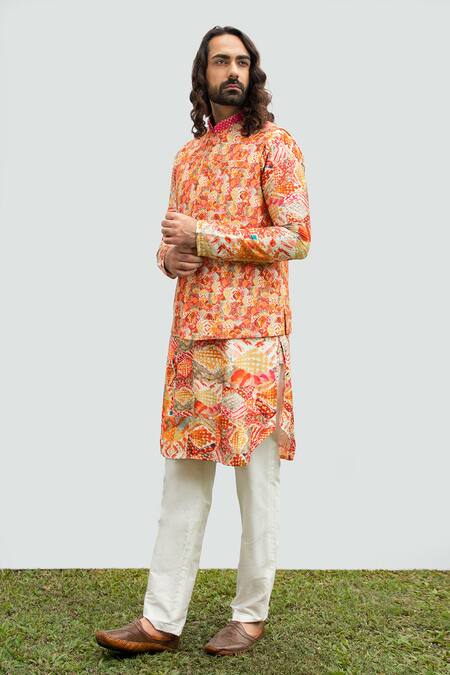 Kaka Calcutta Red Bamboo, Cotton, Silk Mirrors, Diamonds Print Bundi Kurta Set Online at Aza Fashions Kaka Calcutta_Red Bamboo, Cotton, Silk Mirrors, Diamonds Print Bundi Kurta Set _Online_at_Aza_Fashions