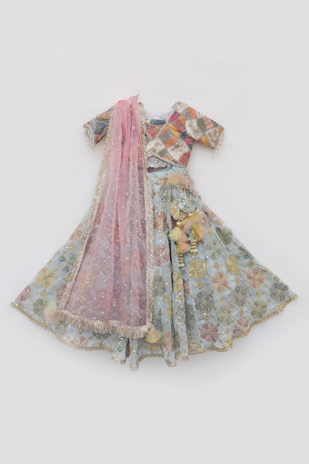 Buy_Fayon Kids_Off White Georgette, Organza Sequins, Beads, Zari, Floral Lehenga Set _Online_at_Aza_Fashions