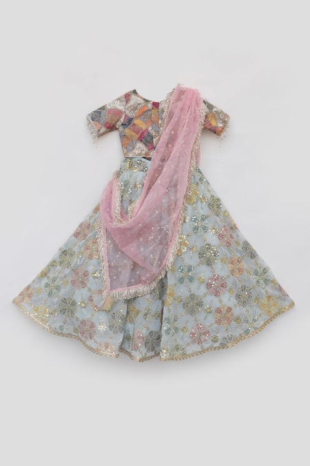 Shop_Fayon Kids_Off White Georgette, Organza Sequins, Beads, Zari, Floral Lehenga Set _Online_at_Aza_Fashions