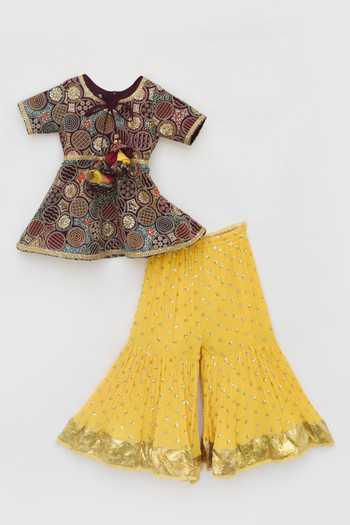 FAYON KIDS_Maroon Georgette Zari, Sequins, Embroidery Geometric Peplum Top And Sharara _Online_at_Aza_Fashions