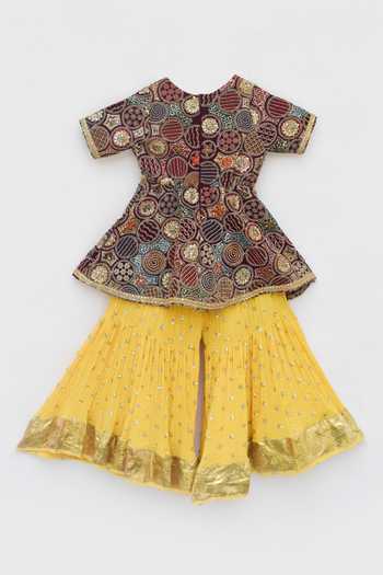 Shop_FAYON KIDS_Maroon Georgette Zari, Sequins, Embroidery Geometric Peplum Top And Sharara _Online_at_Aza_Fashions