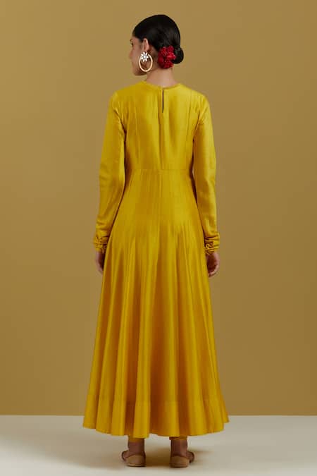 Shop_Ikshita Choudhary_Yellow Silk, Embroidery Round Neck Hand Anarkali Set _at_Aza_Fashions