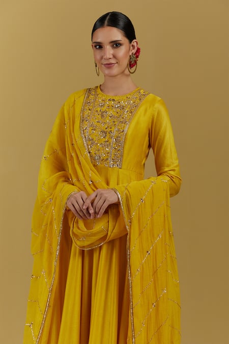 Buy_Ikshita Choudhary_Yellow Silk, Embroidery Round Neck Hand Anarkali Set _Online_at_Aza_Fashions