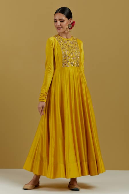 Ikshita Choudhary_Yellow Silk, Embroidery Round Neck Hand Anarkali Set _Online_at_Aza_Fashions