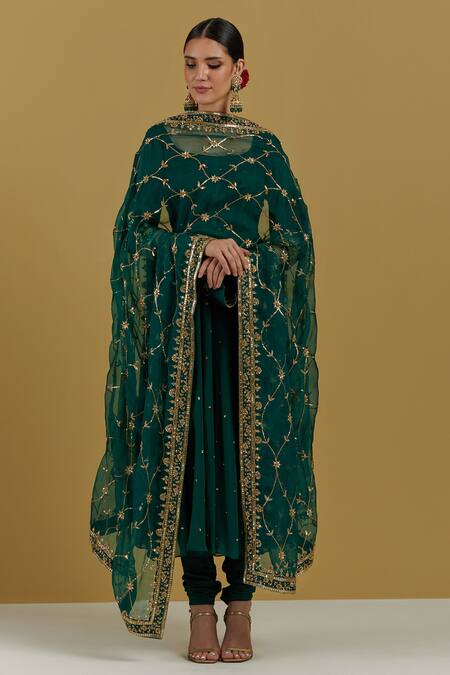 Ikshita Choudhary Green Georgette, Tissue, Organza Embroidery, Anarkali Set With Hand Dupatta