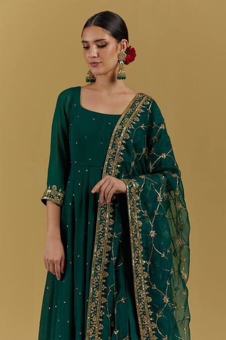 Ikshita Choudhary Green Georgette, Tissue, Organza Embroidery, Anarkali Set With Hand Dupatta Online at Aza Fashions Ikshita Choudhary_Green Georgette, Tissue, Organza Embroidery, Anarkali Set With Hand Dupatta_Online_at_Aza_Fashions