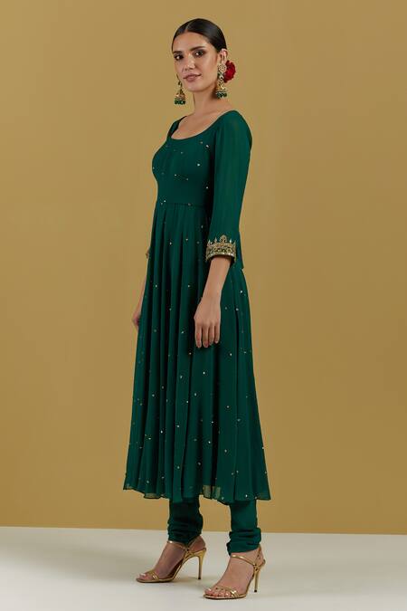 Shop Ikshita Choudhary Green Georgette, Tissue, Organza Embroidery, Anarkali Set With Hand Dupatta Online at Aza Fashions Shop_Ikshita Choudhary_Green Georgette, Tissue, Organza Embroidery, Anarkali Set With Hand Dupatta_Online_at_Aza_Fashions
