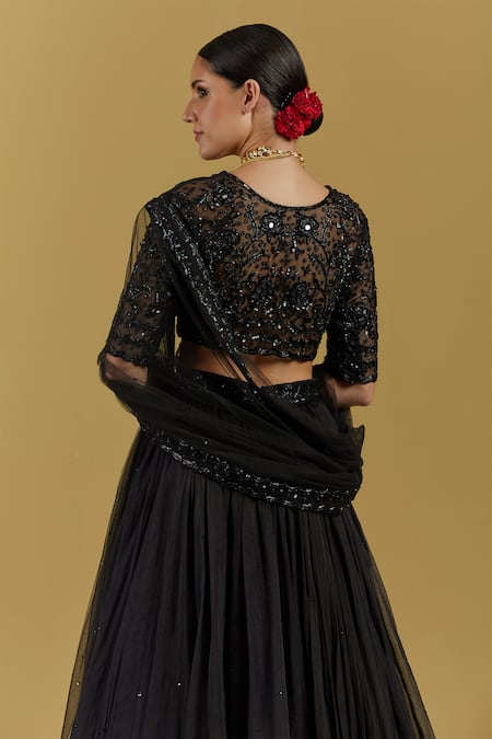 Ikshita Choudhary_Black Net, Tissue Embroidery V-neck Floral Hand Blouse Skirt Set _at_Aza_Fashions