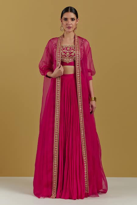 Ikshita Choudhary Magenta Crepe Hand Embroidered Floral Patterns Crop Top Skirt Set With Cape