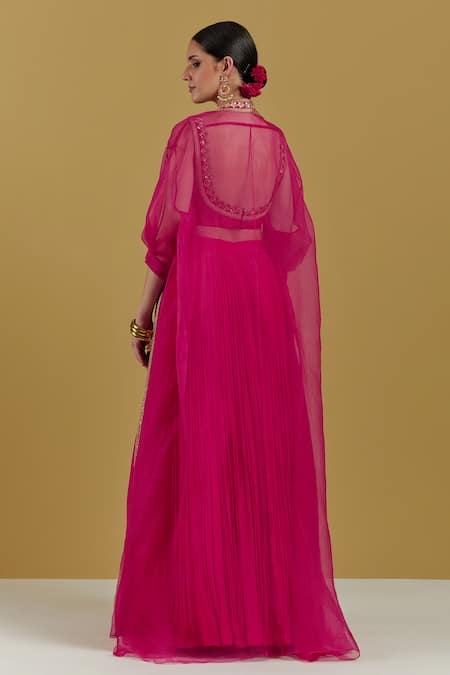 Shop_Ikshita Choudhary_Magenta Crepe Embroidery Square Neck Crop Top Skirt Set With Cape _at_Aza_Fashions