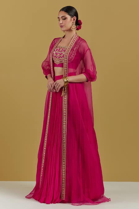 Buy_Ikshita Choudhary_Magenta Crepe Embroidery Square Neck Crop Top Skirt Set With Cape _Online_at_Aza_Fashions