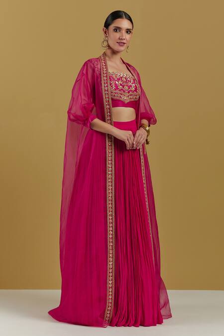 Shop_Ikshita Choudhary_Magenta Crepe Embroidery Square Neck Crop Top Skirt Set With Cape _Online_at_Aza_Fashions