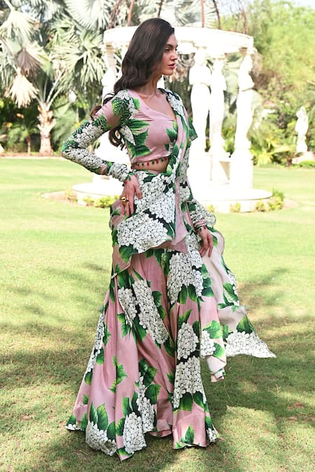 Buy_Sanam_Beige Georgette, Satin Isabelle Floral Pattern Pre-draped Saree With Blouse _Online_at_Aza_Fashions