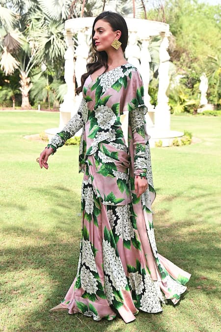 Sanam_Beige Georgette, Satin Isabelle Floral Pattern Pre-draped Saree With Blouse _at_Aza_Fashions