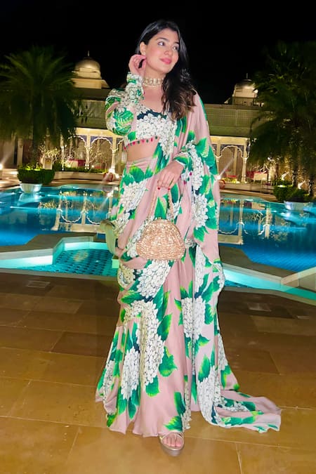 Shop_Sanam_Beige Georgette, Satin Isabelle Floral Pattern Pre-draped Saree With Blouse 