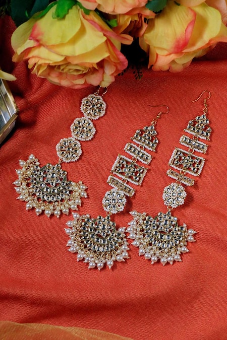 Shop Ishhaara Gold Plated Beads, Pearls, Stones Kundan Geometric And Floral Motif Earrings Set at Aza Fashions Shop_Ishhaara_Gold Plated Beads, Pearls, Stones Kundan Geometric And Floral Motif Earrings Set _at_Aza_Fashions