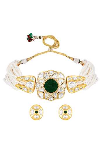 Shop HRISHA Gold Plated Imitation Diamonds Carved Onyx Studded Choker Necklace Set at Aza Fashions Shop_HRISHA_Gold Plated Imitation Diamonds Carved Onyx Studded Choker Necklace Set _at_Aza_Fashions
