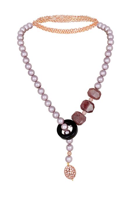 Shop HRISHA Gold Plated Shell Pearl Long Necklace at Aza Fashions Shop_HRISHA_Gold Plated Shell Pearl Long Necklace_at_Aza_Fashions