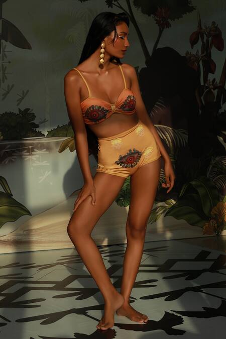 Shop_Ekastories_Peach Denim Sweetheart Neck Dusk Dawn Eye Printed Bikini Set_Online_at_Aza_Fashions