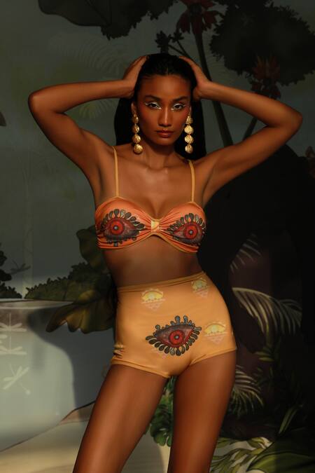 Buy_Ekastories_Peach Denim Sweetheart Neck Dusk Dawn Eye Printed Bikini Set