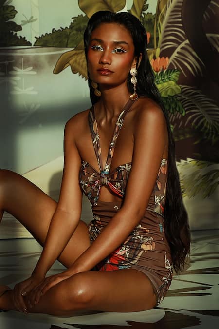 Buy_Ekastories_Brown Denim Halter Neck Imperial Eye Cutout Monokini _Online_at_Aza_Fashions