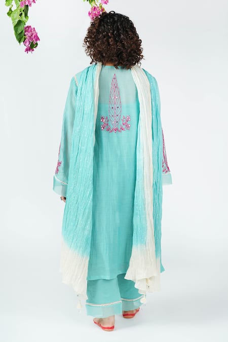 Jyoti Bansal_Blue Chanderi, Cotton Embroidery Ruhaniyat Dori Placement Tunic Salwar Set _Online_at_Aza_Fashions