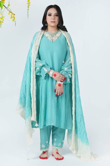 Jyoti Bansal Blue Chanderi, Cotton Embroidery, Mirrors Sabaa Embellished Tunic Salwar Set 