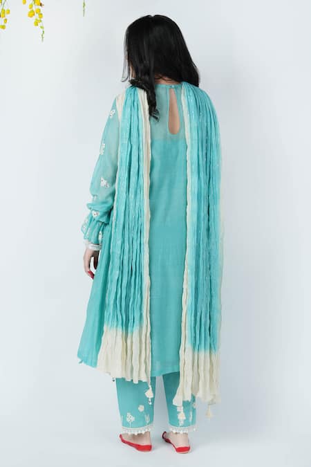 Jyoti Bansal_Blue Chanderi, Cotton Embroidery, Mirrors Sabaa Embellished Tunic Salwar Set _Online_at_Aza_Fashions