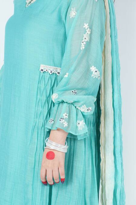 Buy_Jyoti Bansal_Blue Chanderi, Cotton Embroidery, Mirrors Sabaa Embellished Tunic Salwar Set _Online_at_Aza_Fashions