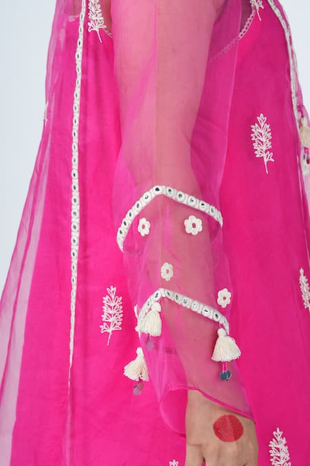 Jyoti Bansal_Pink Organza, Crepe, Chanderi Embroidery Round Neck Sheer Dori Kurta Set _Online_at_Aza_Fashions