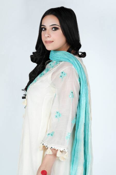 Shop_Jyoti Bansal_White Chanderi, Cotton Embroidery, Mirrors, Aafreen Tunic Dhoti Pant Set _Online_at_Aza_Fashions