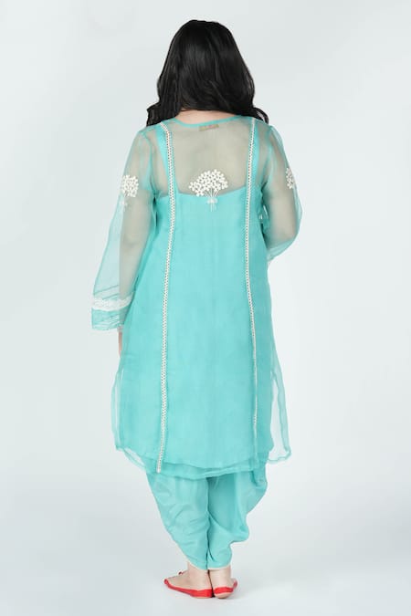 Jyoti Bansal_Blue Chanderi Lace, Embroidery Collared Shaadmaani Dori Tunic Dhoti Pant Set _Online_at_Aza_Fashions