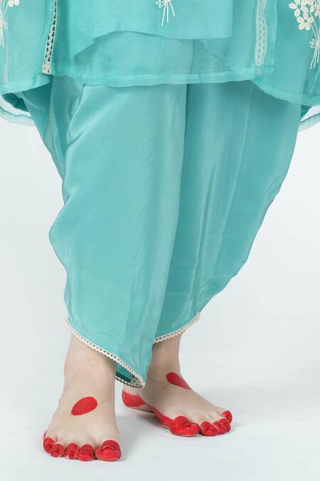 Buy_Jyoti Bansal_Blue Chanderi Lace, Embroidery Collared Shaadmaani Dori Tunic Dhoti Pant Set _Online_at_Aza_Fashions