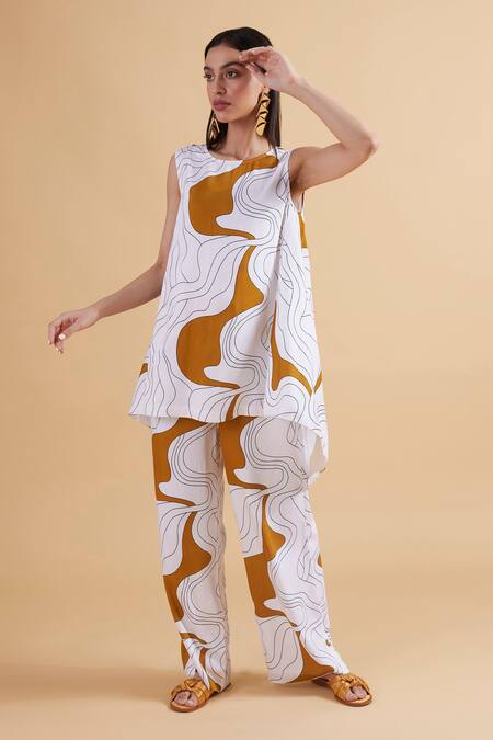 Kanelle_Ivory Cotton Satin Round Neck Multi-panel Printed Top And Pant Set_Online_at_Aza_Fashions