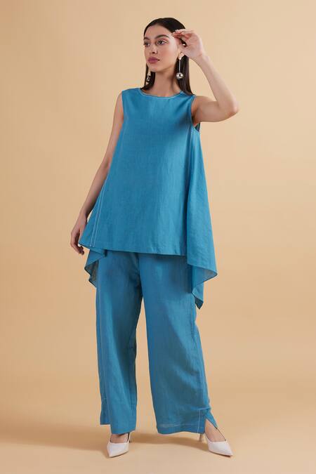 Kanelle_Blue Cotton, Linen Round Neck Multi-panel Draped Top And Pant Set_Online_at_Aza_Fashions