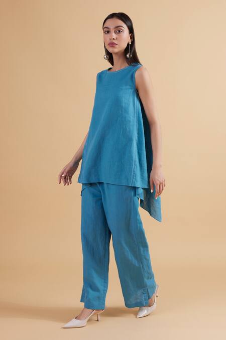 Buy_Kanelle_Blue Cotton, Linen Round Neck Multi-panel Draped Top And Pant Set_Online_at_Aza_Fashions