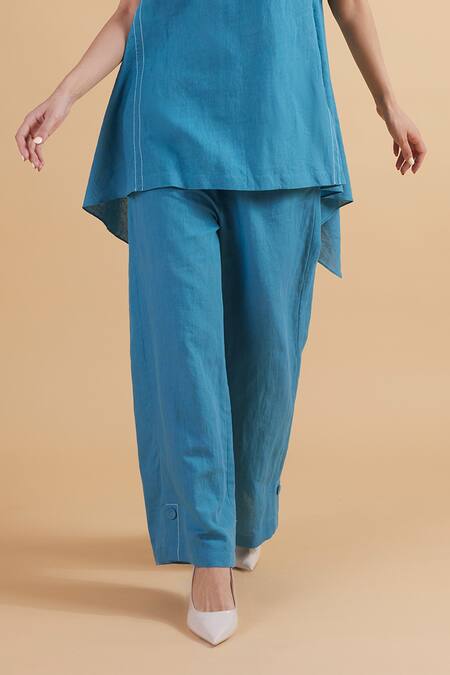 Kanelle_Blue Cotton, Linen Round Neck Multi-panel Draped Top And Pant Set_at_Aza_Fashions