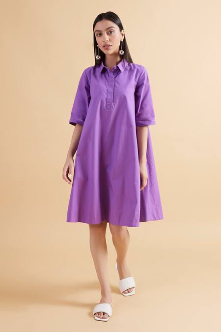 Buy Kanelle Purple Cotton Collared Maisie Solid A-line Dress at Aza Fashions Buy_Kanelle_Purple Cotton Collared Maisie Solid A-line Dress_at_Aza_Fashions