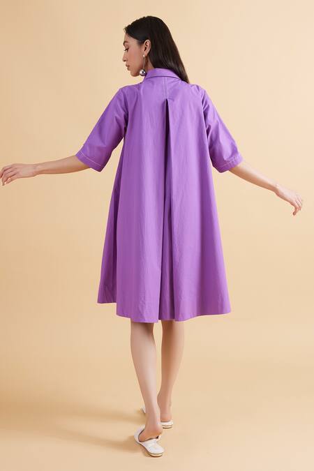 Shop Kanelle Purple Cotton Collared Maisie Solid A-line Dress at Aza Fashions Shop_Kanelle_Purple Cotton Collared Maisie Solid A-line Dress_at_Aza_Fashions