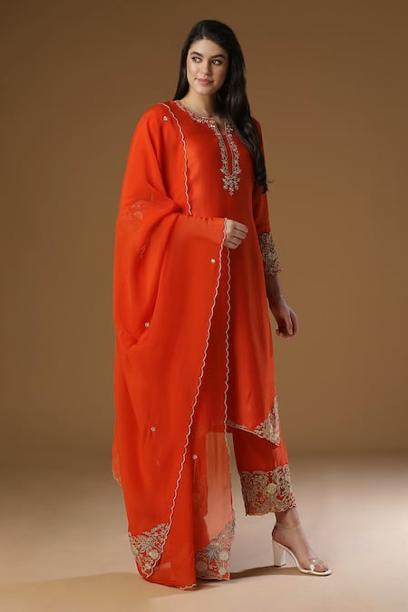 Ahlam_Orange Chanderi Silk Zari Notched Embroidered Kurta Set_Online_at_Aza_Fashions